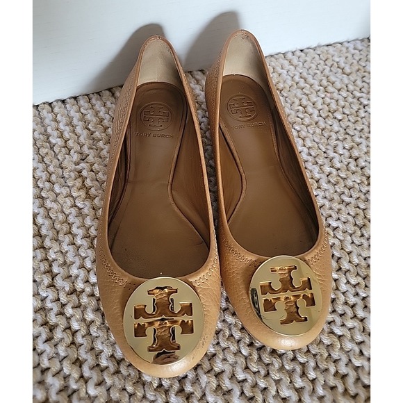 TORY BURCH Women's Ballet Flats Leather Slip-on Royal Tan Gold Logo SZ 6M - Picture 2 of 11